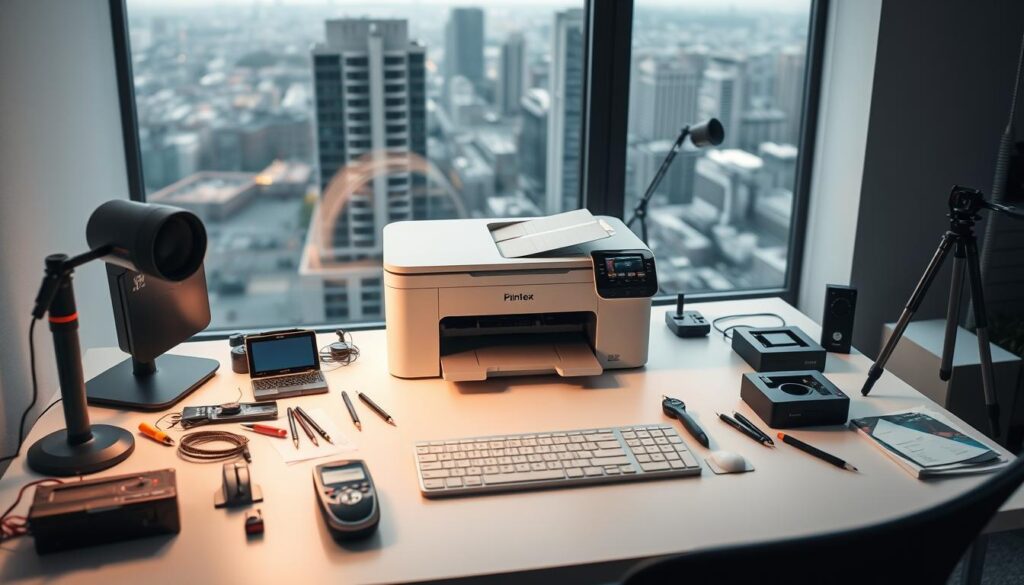 A meticulously arranged home office setup, with a sleek and modern printer taking center stage. The printer is positioned on a clean, minimalist desk, surrounded by an assortment of measuring tools, calibration devices, and technical manuals. The lighting is soft and even, casting a warm glow on the scene, creating a professional and diligent atmosphere. In the background, a large window overlooking a cityscape provides a sense of context and setting. The overall composition conveys a sense of a well-thought-out testing methodology, where attention to detail and precision are paramount.