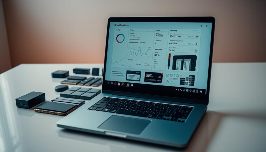 A meticulously arranged laptop specifications guide, displayed on a sleek, modern office desk. The foreground showcases an open laptop, its screen displaying technical details and performance metrics in a clean, minimalist UI design. The middle ground features an array of hardware components and accessories, such as RAM modules, SSDs, and cooling solutions, arranged in an organized grid. The background blends a soft, warm lighting with a muted, professional color palette, creating a serene, informative atmosphere. The overall composition conveys a sense of clarity and expertise, perfectly suited to illustrate a buyer's guide for understanding laptop specifications.