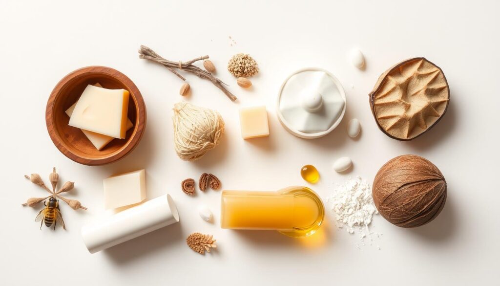 A meticulously arranged selection of essential lip balm ingredients, including shea butter, beeswax, vitamin E, and natural oils like coconut and jojoba. The items are displayed on a clean, neutral background, softly illuminated from the side to highlight their textures and colors. The overall composition conveys a sense of simplicity, purity, and the natural origins of these nourishing components. The layout and presentation suggest an informative, educational tone suitable for a product overview section in a consumer guide. A meticulously arranged selection of essential lip balm ingredients, including shea butter, beeswax, vitamin E, and natural oils like coconut and jojoba. The items are displayed on a clean, neutral background, softly illuminated from the side to highlight their textures and colors. The overall composition conveys a sense of simplicity, purity, and the natural origins of these nourishing components. The layout and presentation suggest an informative, educational tone suitable for a product overview section in a consumer guide.