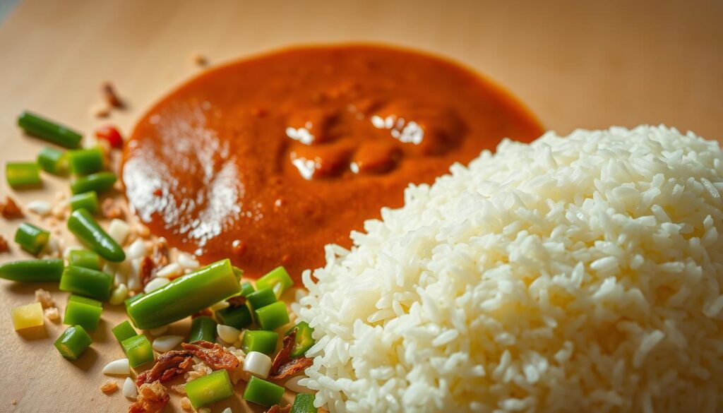 A meticulously arranged still life depicting the essential components for an authentic Nasi Kandar dish. In the foreground, a generous serving of steaming hot white rice, its grains glistening with moisture. Alongside, a pool of rich, velvety brown gravy, its surface shimmering with a light sheen. Scattered around, an assortment of vibrant, freshly chopped condiments - bright green chilies, fragrant shallots, and a sprinkle of crunchy fried anchovies. Illuminated by soft, warm lighting that casts gentle shadows, conveying a sense of comfort and culinary tradition. Captured through a slightly low angle, the image emphasizes the abundance and quality of these essential Nasi Kandar ingredients.