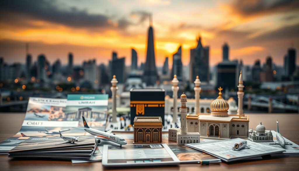 A meticulously composed comparison of leading pilgrimage providers, captured with a wide-angle lens and dramatic lighting. In the foreground, various Umrah package brochures and travel documents are neatly arranged, showcasing the offerings of reputable operators. The middle ground features miniature models of airplanes, hotels, and religious landmarks, providing a tangible representation of the travel experience. In the background, a softly blurred cityscape with skyscrapers and a striking sunset sky sets the scene, evoking the international and aspirational nature of the pilgrimage journey. The overall mood is one of professionalism, attention to detail, and a sense of the transformative spiritual experience awaiting the traveler.