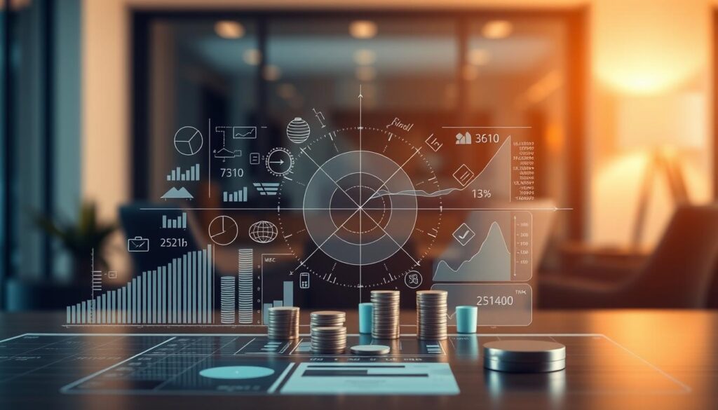 A meticulously composed portfolio diversification strategy, showcasing an intricate arrangement of financial assets. The foreground features a sleek, modern display of investment symbols and charts, captured in a crisp, high-resolution photograph. The middle ground presents a visually striking visualization of asset allocation, with geometric shapes and patterns representing various investment classes. The background subtly fades into a softly blurred, sophisticated office setting, conveying a sense of professionalism and financial acumen. Warm, directional lighting illuminates the scene, creating depth and emphasizing the key elements. The overall mood is one of carefully considered, data-driven investment planning, reflecting the "Smart Diversification Strategies Beyond Individual Stocks" concept.