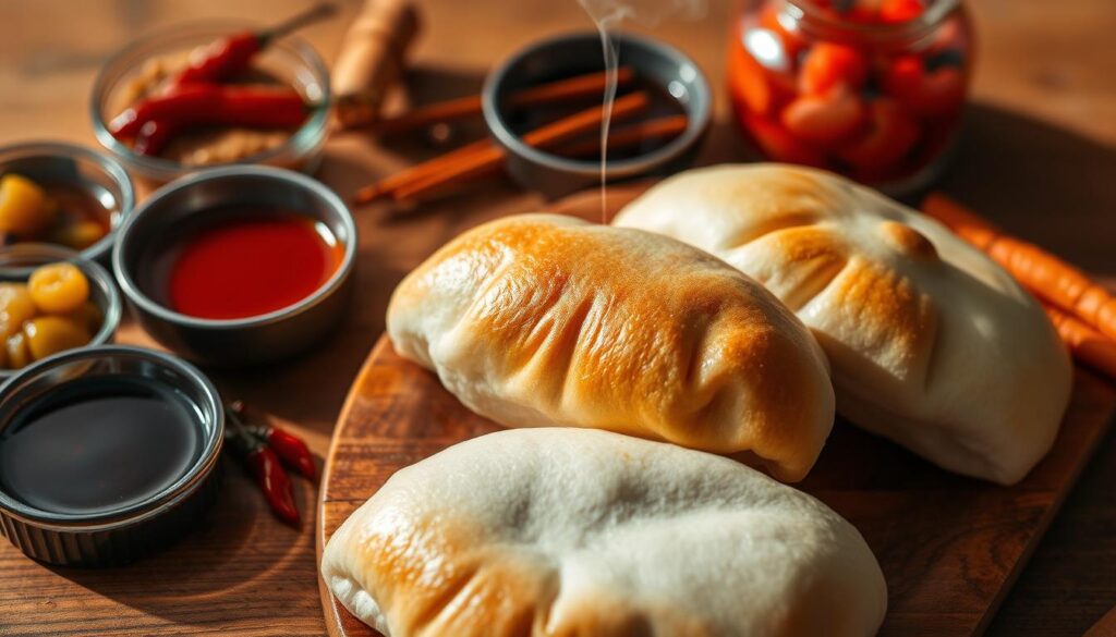 A meticulously composed still life showcasing a selection of specialty pan-fried bao from Singapore. Resting on a wooden surface, the buns are golden-brown and crisp, their seams glistening with a light sheen. Wisps of steam curl up, hinting at the fluffy, piping-hot interiors. A vibrant array of sauces and condiments - deep crimson chili oil, fragrant soy, tangy pickles - surround the bao, inviting the viewer to imagine the mouthwatering flavors. Soft, natural lighting from the side casts dramatic shadows, accentuating the textural details. The overall mood is one of artisanal craftsmanship and authentic Singaporean street food culture.