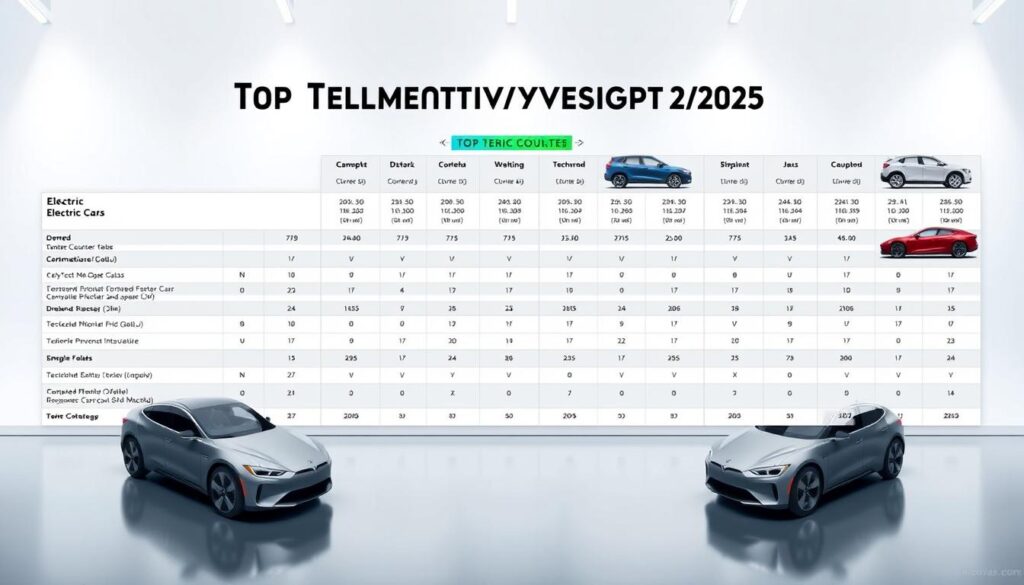 A meticulously crafted comparison table showcasing the top electric vehicles of 2025, presented on a sleek, minimalist background. The table features detailed technical specifications, side-by-side comparisons, and high-resolution images of each model. The lighting is crisp and evenly distributed, allowing the information to be clearly visible, while the camera angle provides a balanced and professional perspective. The overall mood is one of authority and clarity, designed to assist the reader in making an informed decision about the best electric car for their needs.