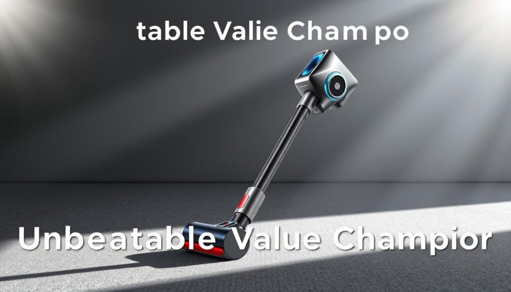 A meticulously crafted cordless vacuum cleaner, the Airbot Supersonics Pro commands attention. Rendered in a sleek, modern design, it stands at the center of the frame, its clean lines and brushed metal accents exuding a sense of quality craftsmanship. Bright, directional lighting casts dynamic shadows, highlighting the vacuum's contours and emphasizing its powerful, high-performance nature. The background is subtly blurred, allowing the device to take center stage and captivate the viewer. An aura of sophistication and technological prowess surrounds the Airbot Supersonics Pro, perfectly embodying the "Unbeatable Value Champion" moniker.