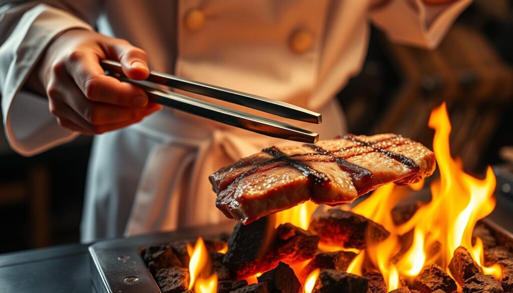 A meticulously crafted image of a Japanese chef expertly wielding a pair of long metal tongs, tenderly manipulating binchotan charcoal-grilled meat over an open flame. The foreground showcases the chef's nimble fingers and precise movements, the middle ground depicts the sizzling meat bathed in warm, flickering light, and the background subtly hints at a minimalist Japanese kitchen setting. The image exudes a sense of tranquil focus, where tradition and technique seamlessly converge to create a culinary masterpiece.