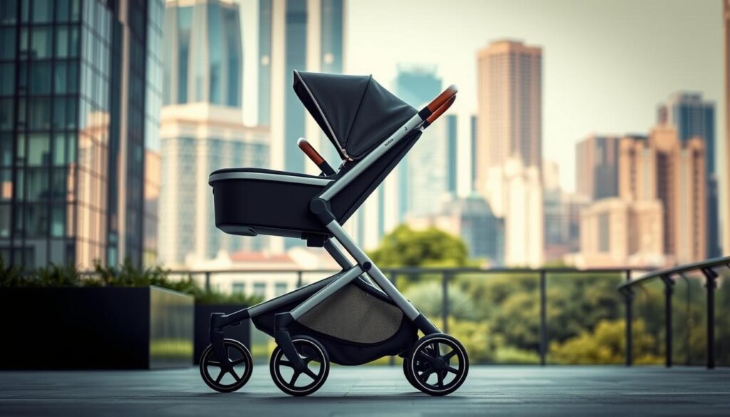 A meticulously crafted, luxurious city stroller stands in a modern urban setting. The Nuna Triv Next model, with its sleek aluminum frame and premium leather accents, is captured in a three-quarter view, showcasing its refined design. Soft, indirect lighting illuminates the stroller, casting gentle shadows that accentuate its clean lines and premium materials. In the background, a blurred cityscape of high-rise buildings and lush greenery creates a sophisticated, upscale atmosphere. The image conveys a sense of quality, style, and exclusivity, perfectly reflecting the "Best Luxury City Stroller" designation.