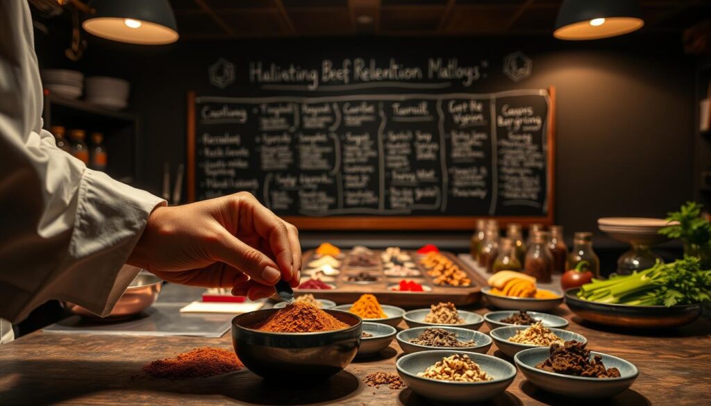A meticulously crafted rendang selection methodology, showcased in a dimly lit, warm-toned culinary workspace. In the foreground, a skilled chef's hands precisely measure fragrant spices and herbs, the focus intensified by a shallow depth of field. The middle ground reveals a neatly arranged array of rendang-related ingredients, each item carefully labeled and positioned. In the background, a chalkboard wall displays the step-by-step process of evaluating and selecting the finest beef rendang in Singapore, illuminated by soft, directional lighting. The overall atmosphere conveys a sense of rigor, expertise, and passion for the culinary craft.