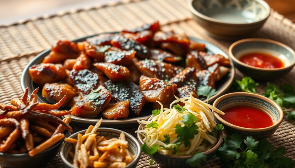 A meticulously crafted still life of "duck kway chap accompaniments" in a warm and inviting setting. The foreground features an array of traditional Singaporean side dishes - tender braised tau pok, crispy fried shallots, aromatic cilantro, and a tangy chili sauce in a small ceramic bowl. The middle ground showcases a platter of tender duck slices, its rich brown hue glistening under soft, natural lighting. In the background, a woven rattan placemat and a subtle Asian-inspired ceramic plate add depth and texture to the composition. The overall mood is one of comfort, authenticity and a celebration of Singaporean hawker culture.