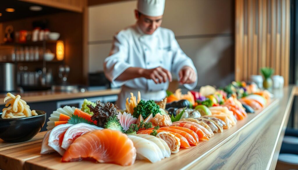 A meticulously curated selection of the freshest chirashi ingredients, artfully arranged on a wooden sushi bar counter. Glistening sashimi slices, vibrant vegetables, and delicate garnishes occupy the foreground, bathed in warm, natural lighting. In the middle ground, a sushi chef, clad in a crisp white uniform, carefully selects and arranges the components with precision and care. The background features a minimalist, Japanese-inspired decor, evoking a sense of refinement and attention to detail.