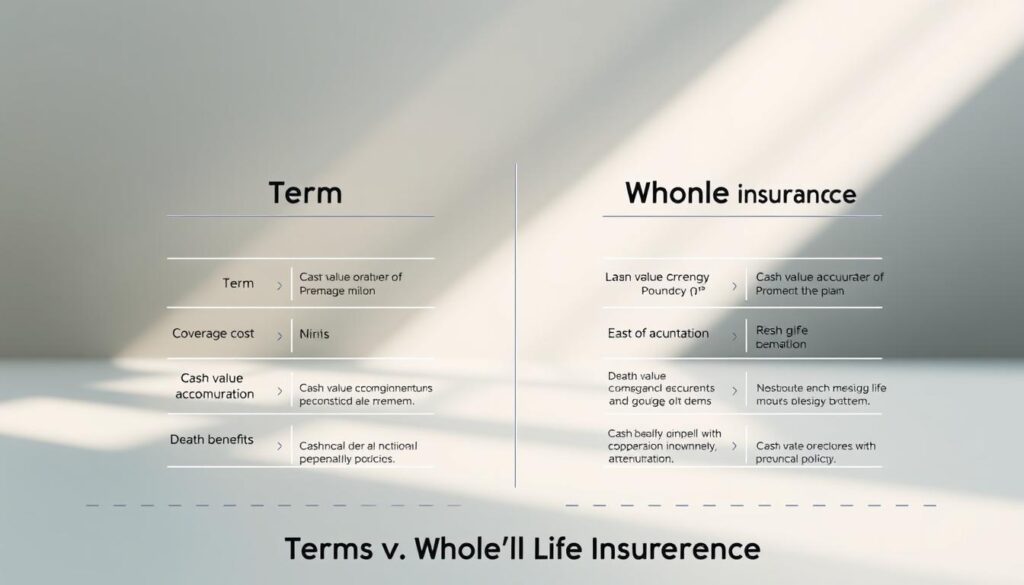 A meticulously designed infographic showcasing the key differences between term and whole life insurance policies. In the foreground, a clean and minimalist layout presents the core attributes of each plan side-by-side - coverage duration, premium costs, cash value accumulation, and death benefits. The middle ground features abstract geometric shapes and subtle gradients, creating a visually striking and informative composition. The background is a softly blurred, muted palette, allowing the comparative data to take center stage. Balanced lighting casts gentle shadows, lending depth and dimension to the overall design. The image conveys a sense of professionalism, clarity, and financial expertise, perfectly suited to illustrate the "Term vs. Whole Life Insurance: Key Differences" section of the article.