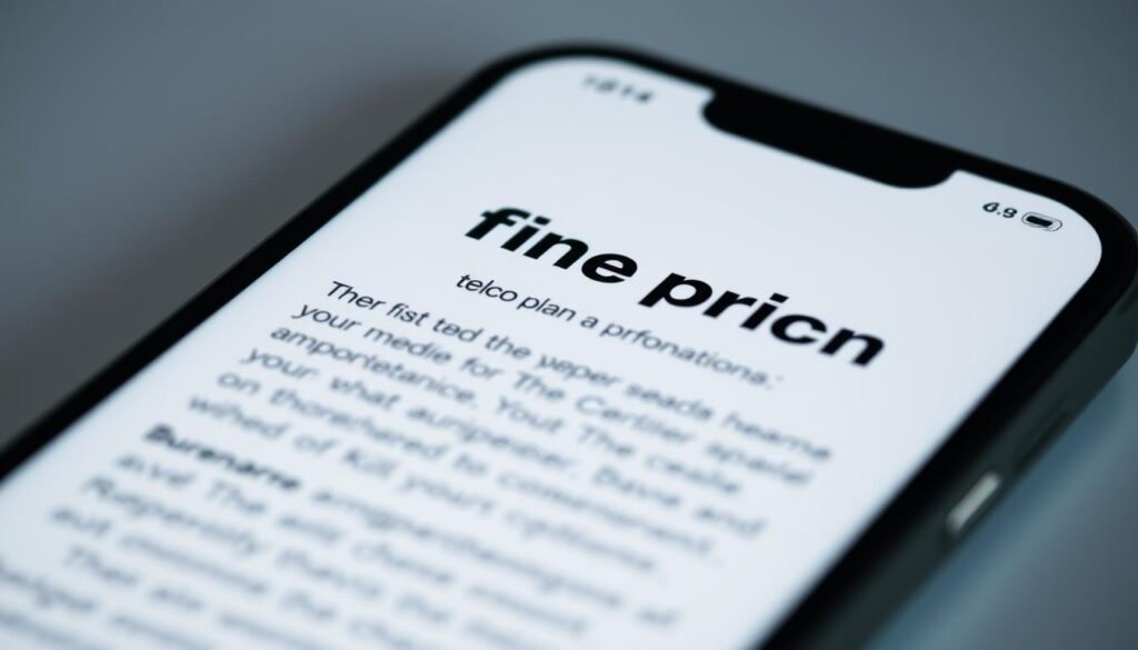 A meticulously detailed close-up shot of a mobile phone screen displaying the fine print section of a telco plan promotion. The text is legible and the background is blurred, drawing the viewer's attention to the important legal details. The lighting is soft and diffused, creating a subtle, professional atmosphere. The camera angle is slightly tilted, giving a sense of depth and emphasizing the importance of the fine print. The overall composition is clean and minimalist, allowing the content to be the focal point. A meticulously detailed close-up shot of a mobile phone screen displaying the fine print section of a telco plan promotion. The text is legible and the background is blurred, drawing the viewer's attention to the important legal details. The lighting is soft and diffused, creating a subtle, professional atmosphere. The camera angle is slightly tilted, giving a sense of depth and emphasizing the importance of the fine print. The overall composition is clean and minimalist, allowing the content to be the focal point.