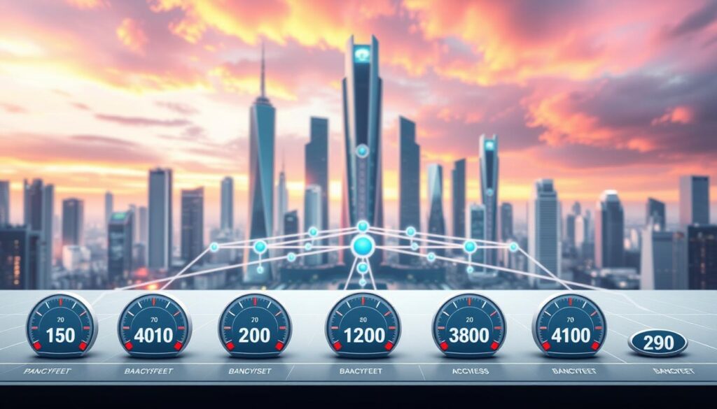 A meticulously detailed, high-resolution illustration of broadband speed tiers comparison. The foreground features various internet speed icons, each labeled with its corresponding bandwidth range. The middle ground showcases a network topology diagram, highlighting the backbone infrastructure and access points. The background depicts a futuristic cityscape with towering skyscrapers and a vibrant, colorful sky, conveying a sense of technological advancement. The lighting is soft and diffused, creating a clean, professional atmosphere. The angle is a balanced, three-quarter view, allowing for a comprehensive understanding of the subject matter. The overall mood is one of clarity, precision, and technological sophistication.