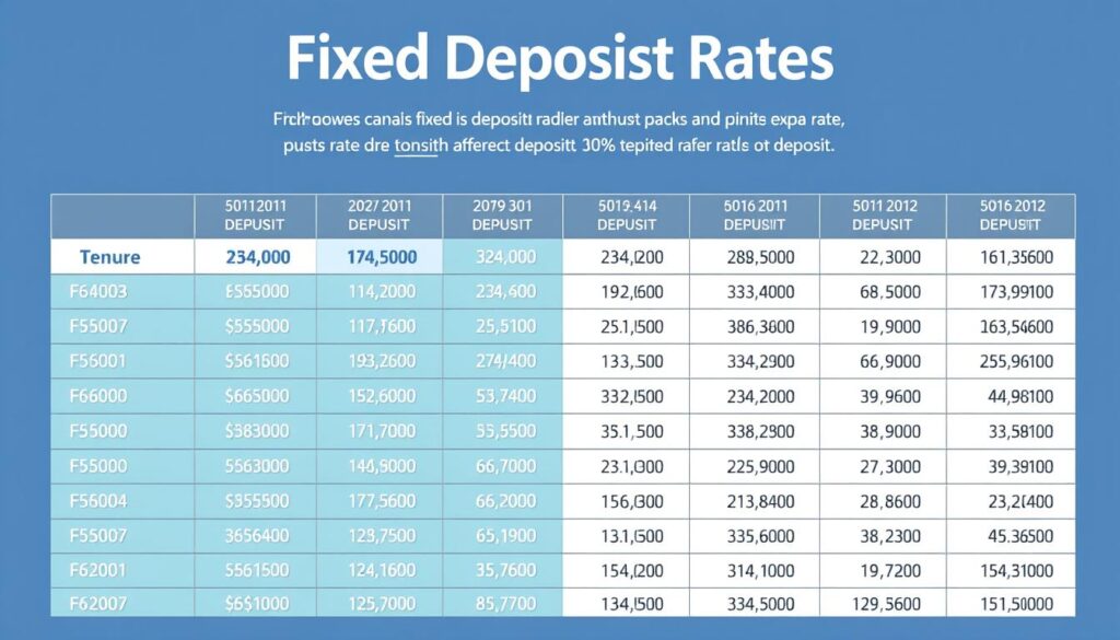 A meticulously detailed infographic displaying fixed deposit rates across various tenures, rendered with a clean, professional aesthetic. A sleek, minimalist background in cool tones provides the canvas, while the rates are presented in a precise, easy-to-read grid layout. Crisp, high-contrast typography enhances legibility, while subtle data visualization elements like graph lines and icons convey the information intuitively. The overall composition strikes a balance between form and function, creating a visually striking yet highly informative illustration. A meticulously detailed infographic displaying fixed deposit rates across various tenures, rendered with a clean, professional aesthetic. A sleek, minimalist background in cool tones provides the canvas, while the rates are presented in a precise, easy-to-read grid layout. Crisp, high-contrast typography enhances legibility, while subtle data visualization elements like graph lines and icons convey the information intuitively. The overall composition strikes a balance between form and function, creating a visually striking yet highly informative illustration.