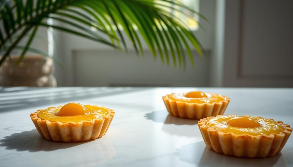 A meticulously styled food photography scene capturing a tantalizing comparison of the most renowned pineapple tarts from Singapore. In the foreground, three different pineapple tarts are elegantly presented on a pristine marble surface, their golden crusts and glistening fruit fillings inviting the viewer to savor each delectable morsel. Subtle shadows and highlights accentuate the textural details, while a soft, diffused lighting creates an air of sophistication. The middle ground features a simple, minimalist backdrop, allowing the tarts to take center stage. In the background, a subtle hint of a lush, tropical setting, perhaps a verdant palm frond or a glimpse of a sun-dappled window, subtly alludes to the Singaporean origins of these exquisite pastries.
