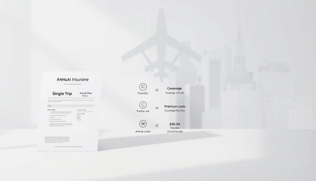 A minimalist and clean visual comparison of a single-trip travel insurance plan versus an annual travel insurance plan. The foreground features two distinct insurance policy documents, one labeled "Single Trip" and the other "Annual Plan", presented side-by-side on a plain white background with soft shadows. The middle ground showcases a subtle graphical representation of key differences between the two plans, such as coverage duration, premium costs, and flexibility. The background is a serene, out-of-focus cityscape, evoking a sense of travel and the need for comprehensive insurance coverage. Lighting is soft and diffused, creating a professional, yet approachable atmosphere. The overall composition aims to convey a clear, informative, and visually appealing comparison between the two travel insurance options. A minimalist and clean visual comparison of a single-trip travel insurance plan versus an annual travel insurance plan. The foreground features two distinct insurance policy documents, one labeled "Single Trip" and the other "Annual Plan", presented side-by-side on a plain white background with soft shadows. The middle ground showcases a subtle graphical representation of key differences between the two plans, such as coverage duration, premium costs, and flexibility. The background is a serene, out-of-focus cityscape, evoking a sense of travel and the need for comprehensive insurance coverage. Lighting is soft and diffused, creating a professional, yet approachable atmosphere. The overall composition aims to convey a clear, informative, and visually appealing comparison between the two travel insurance options.