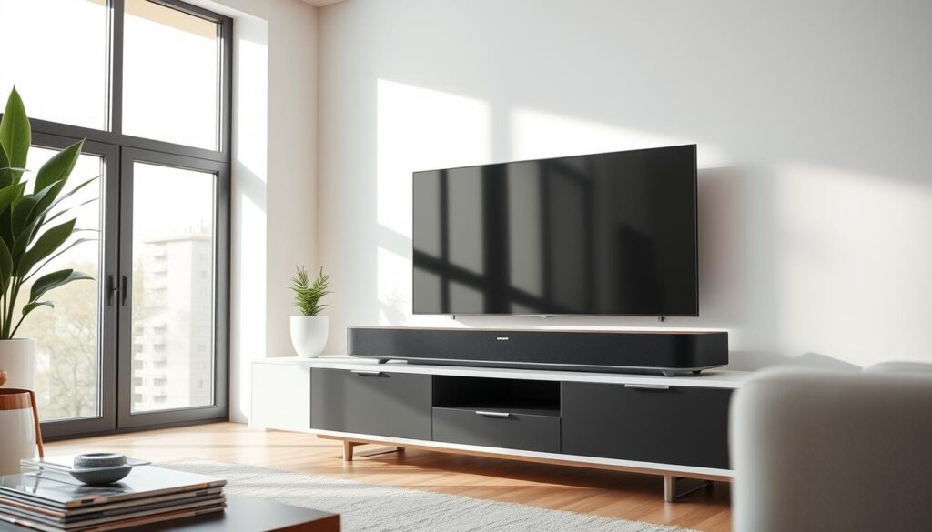 A minimalist, high-quality image of the Klipsch Flexus Core 300 soundbar set up in a modern living room. The soundbar is placed on a sleek, low-profile TV stand, casting a warm glow from its brushed aluminum finish. The room features large windows letting in natural light, creating a bright, airy ambiance. The soundbar is surrounded by carefully curated decor elements, including a potted plant and a stack of vinyl records, suggesting a audiophile-inspired aesthetic. The composition emphasizes the soundbar's clean, sophisticated design and how it seamlessly integrates into the room's contemporary style.