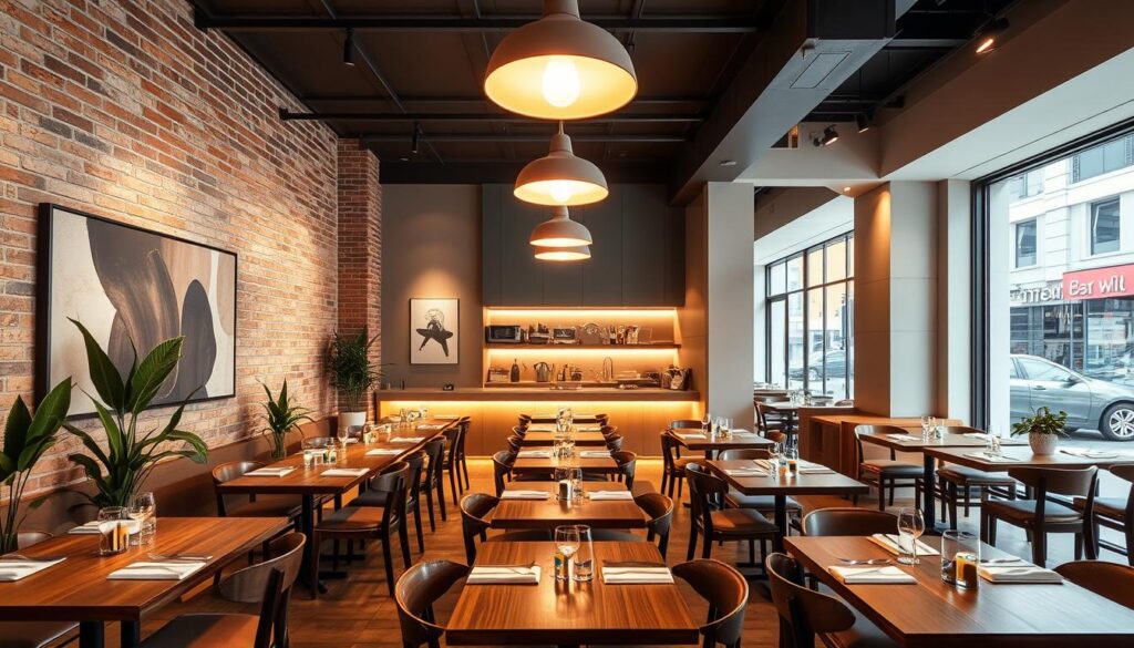 A modern Korean-Chinese restaurant interior with a sleek, minimalist design. The dining space is flooded with warm, soft lighting, creating a cozy and inviting atmosphere. Polished wood tables and chairs are arranged neatly, complemented by clean-lined pendant lamps overhead. The walls feature a combination of exposed brick and smooth, light-colored plaster, adding depth and texture. Strategically placed potted plants and abstract artwork add pops of greenery and visual interest. Large windows offer a glimpse of the bustling Itaewon streetscape outside, blending the indoor and outdoor experiences. An open kitchen in the back showcases the culinary team at work, tantalizing diners with the aroma of sizzling jajangmyeon and other Korean-Chinese specialties.