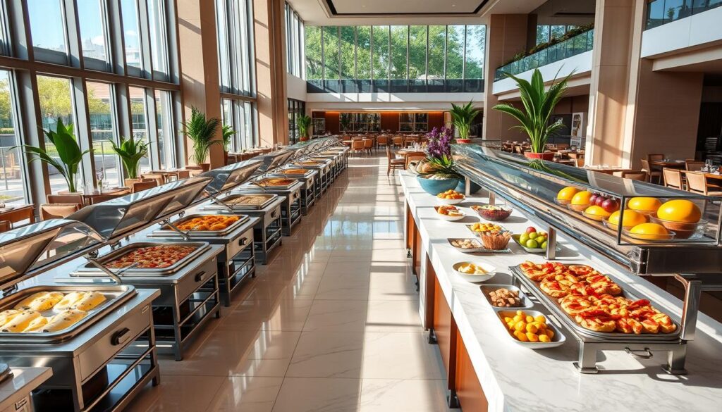A modern, airy hotel dining hall featuring an extensive breakfast buffet. Sunlight streams through large windows, illuminating a long row of gleaming serving stations. Chafing dishes steam with a mouthwatering array of international breakfast favorites - fluffy omelets, crisp bacon, fresh pastries, and exotic tropical fruits. Elegant marble countertops and polished steel accents create a refined, upscale ambiance. Wooden tables and chairs are arranged in an inviting layout, with lush greenery adding pops of color. The scene conveys a sense of luxurious indulgence, perfect for an exceptional hotel breakfast experience.