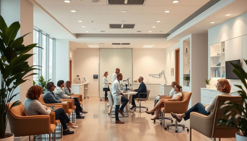 A modern and inviting dermatology clinic with a spacious reception area, clean and minimalist aesthetic. Patients seated comfortably in ergonomic chairs, leafy indoor plants and natural lighting creating a calming atmosphere. In the middle ground, a team of friendly, professional dermatologists consulting with patients, discussing treatment options and conducting examinations. In the background, state-of-the-art medical equipment and examination rooms, conveying the clinic's advanced capabilities. Warm, neutral color tones and soft, directional lighting highlighting the clinic's attention to detail and high-quality care.