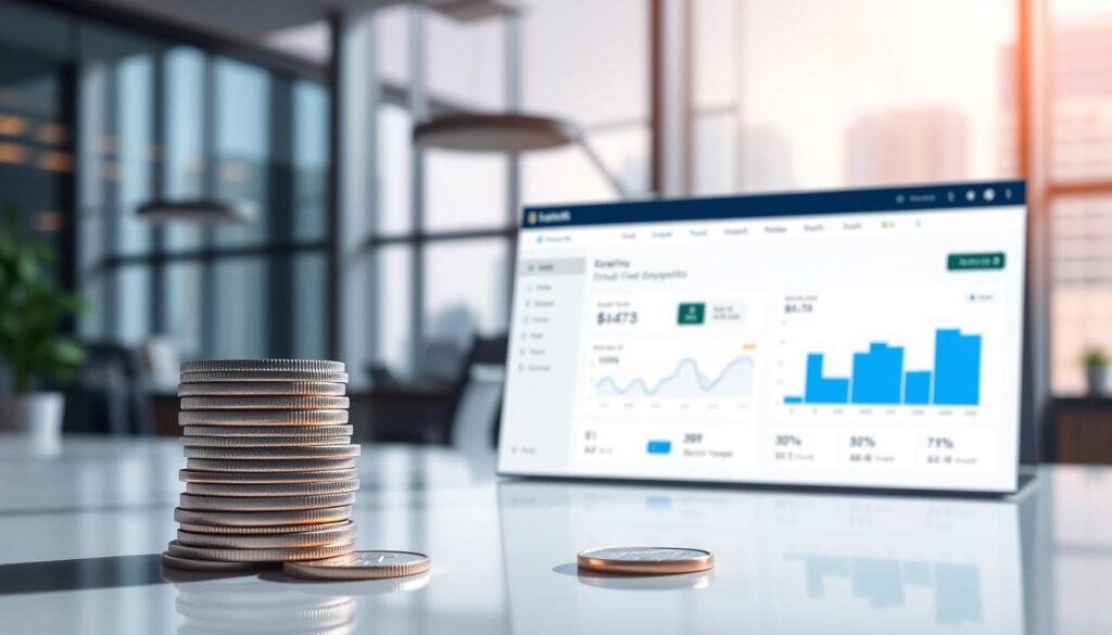 A modern and minimalist financial display showcasing promotional fixed deposit rates. In the foreground, a stack of shiny metal coins arranged artfully, casting soft shadows. The middle ground features a clean, modern user interface with interactive graphs and charts highlighting the attractive rates. The background is a blurred, elegant office setting with a large window overlooking a bustling cityscape, evoking a sense of professionalism and authority. The overall mood is one of trustworthiness, transparency, and financial opportunity, inviting the viewer to explore the featured fixed deposit offers. A modern and minimalist financial display showcasing promotional fixed deposit rates. In the foreground, a stack of shiny metal coins arranged artfully, casting soft shadows. The middle ground features a clean, modern user interface with interactive graphs and charts highlighting the attractive rates. The background is a blurred, elegant office setting with a large window overlooking a bustling cityscape, evoking a sense of professionalism and authority. The overall mood is one of trustworthiness, transparency, and financial opportunity, inviting the viewer to explore the featured fixed deposit offers.