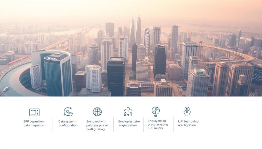 A modern and minimalist illustration of ERP implementation strategies for businesses in Singapore. In the foreground, a stylized graphic depicts key steps in the ERP rollout process, such as data migration, system configuration, and employee training. The middle ground showcases a bird's-eye view of a bustling city skyline, symbolizing the diverse industries and enterprises that can benefit from effective ERP deployment. The background features a warm, diffused lighting that creates a sense of professionalism and innovation. The overall composition conveys a clean, sophisticated, and technology-forward aesthetic that is tailored for the Singaporean business landscape. A modern and minimalist illustration of ERP implementation strategies for businesses in Singapore. In the foreground, a stylized graphic depicts key steps in the ERP rollout process, such as data migration, system configuration, and employee training. The middle ground showcases a bird's-eye view of a bustling city skyline, symbolizing the diverse industries and enterprises that can benefit from effective ERP deployment. The background features a warm, diffused lighting that creates a sense of professionalism and innovation. The overall composition conveys a clean, sophisticated, and technology-forward aesthetic that is tailored for the Singaporean business landscape.