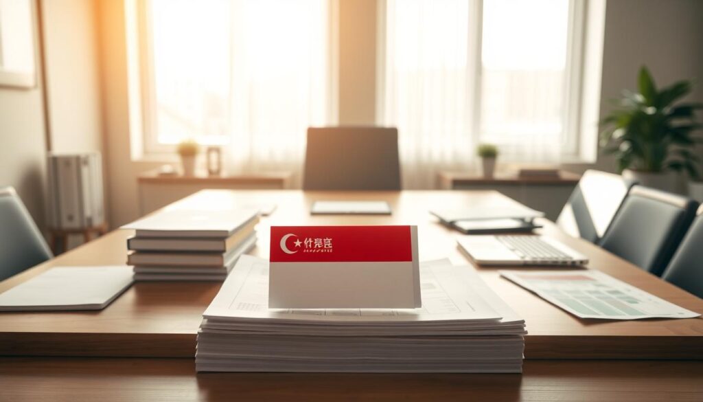 A modern and minimalist office setting with a wooden desk, a laptop, and various business documents. In the foreground, a stack of regulations and guidelines for baby formula, with the Singaporean flag prominently displayed. Warm, natural lighting filters through large windows, creating a professional and authoritative atmosphere. The layout emphasizes the importance of the regulatory standards, with a clean, organized design that conveys a sense of precision and attention to detail. The overall composition suggests a thoughtful, well-researched approach to the subject matter.