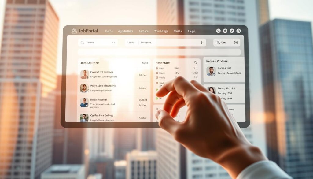 A modern and sleek job portal interface fills the frame, with a clean and intuitive layout showcasing job listings, search filters, and user profile management tools. Warm, natural lighting bathes the scene, creating a welcoming and professional atmosphere. In the foreground, a hand hovers over a touchscreen, navigating the portal with ease, while in the background, a cityscape of high-rise buildings suggests the dynamic urban environment the job seeker is seeking opportunities within. The overall impression is one of a streamlined, user-friendly experience designed to empower job seekers in their pursuit of the perfect career.