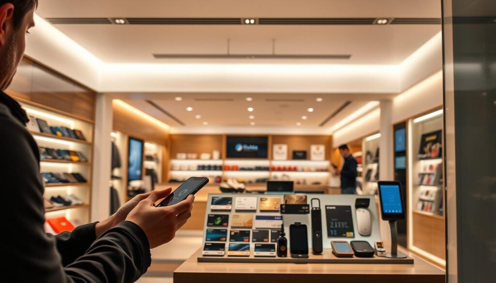 A modern and sleek storefront, illuminated by warm lighting and showcasing a variety of convenient payment options. In the foreground, a customer is making a contactless payment with a smartphone, while in the middle ground, a variety of credit/debit cards, digital wallets, and mobile payment devices are prominently displayed. The background features a clean, minimalist interior design with smooth surfaces and subtle patterns, creating a sense of sophistication and efficiency. The overall atmosphere conveys a seamless, technologically-advanced shopping experience that caters to the needs of the modern consumer.
