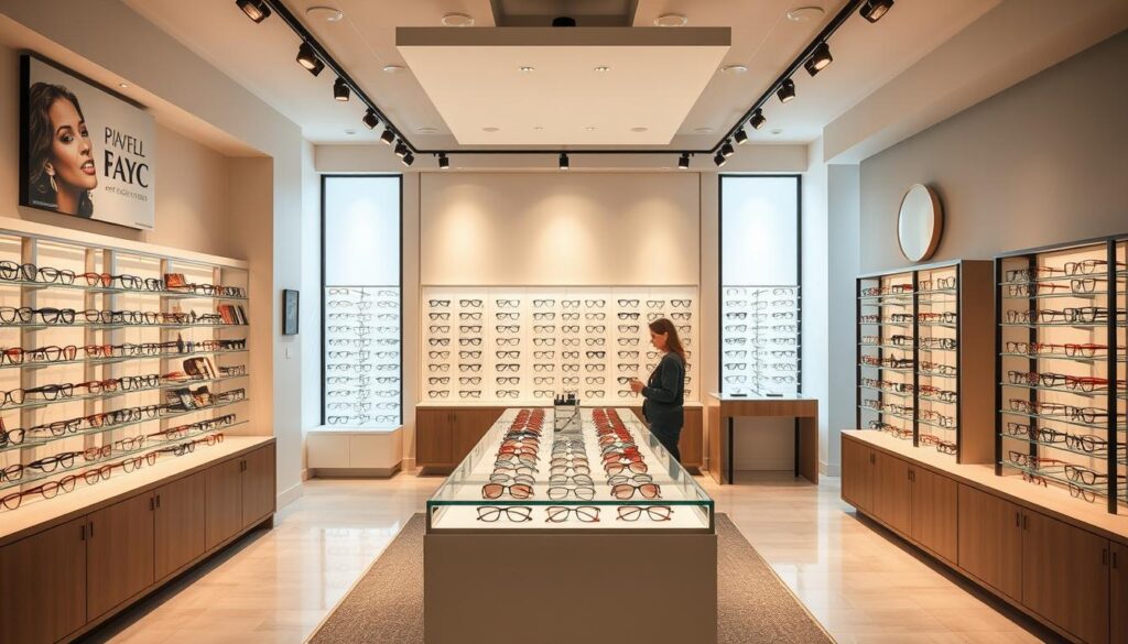 A modern and stylish optical shop with a sleek and minimalist interior. Bright natural lighting illuminates the display of high-quality frames, ranging from classic to trendy designs. A central counter showcases an assortment of eyewear, inviting customers to browse and discover their perfect match. The walls are adorned with tasteful decor, creating a warm and welcoming ambiance. Customers of all ages and fashion sensibilities can find their ideal spectacles, complemented by the knowledgeable and attentive staff. The overall atmosphere exudes a sense of sophistication and attention to detail, reflecting the shop's commitment to providing an exceptional eyewear experience.