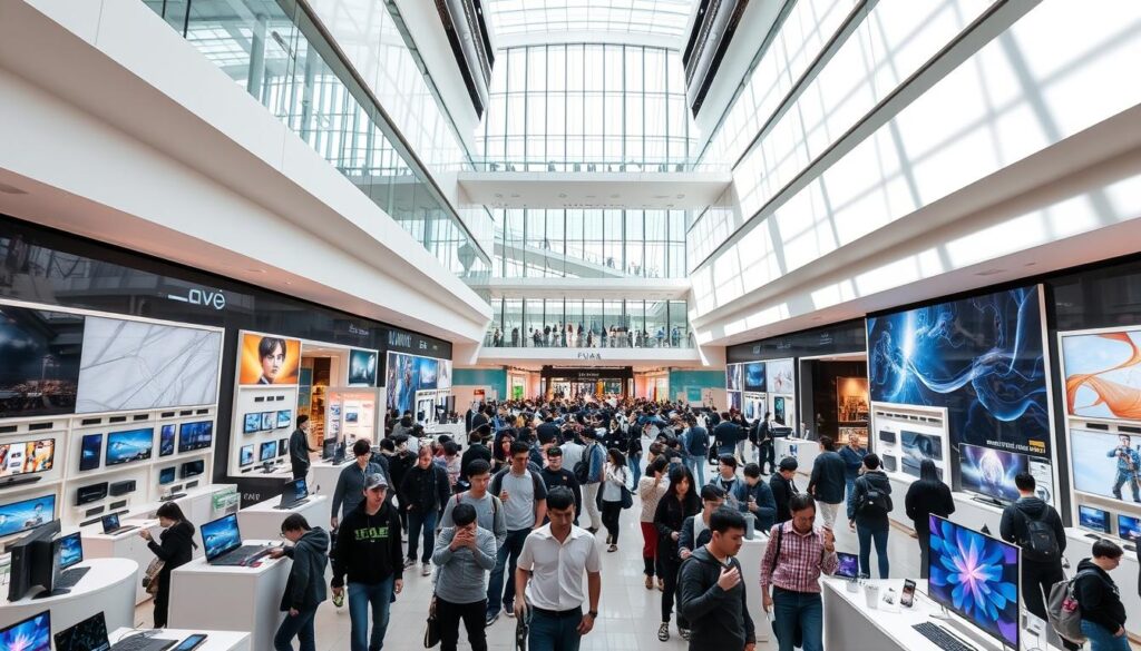 A modern and vibrant technology lifestyle destination, Funan Mall showcases a sleek and sophisticated interior. In the foreground, a diverse array of cutting-edge consumer electronics and gadgets are artfully displayed in well-lit, minimalist showcases. The middle ground features a bustling crowd of tech-savvy shoppers exploring the latest innovations, their faces aglow with the reflections of high-resolution screens. In the background, the towering glass atrium floods the space with natural light, creating a bright and airy ambiance. Futuristic architectural elements, such as suspended walkways and modular furniture, seamlessly integrate technology into the shopping experience, reflecting Funan Mall's position as the ultimate destination for the contemporary tech lifestyle.