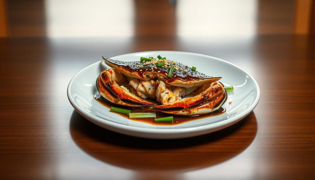 A modern black pepper crab dish on a white ceramic plate, the crustacean's shell cracked open and revealing its succulent flesh. The crab is drizzled with a glistening black pepper sauce, accented by vibrant green scallions and a sprinkle of toasted sesame seeds. The plate is set against a backdrop of a sleek, minimalist wooden table, with a subtle reflection visible on the surface. Soft, warm lighting illuminates the scene, casting a cozy and sophisticated ambiance. The composition is balanced, highlighting the dish's visual appeal and the fusion of traditional and contemporary elements.