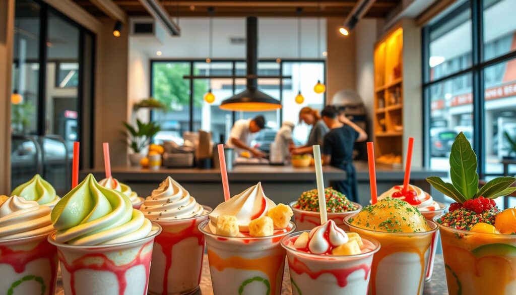 A modern chendol shop in Singapore, showcasing an array of vibrant, creative variations on the traditional dessert. In the foreground, a collection of chendol cups features innovative toppings and ingredients - swirls of pandan-infused coconut cream, glistening cubes of jackfruit, and a rainbow of vibrant syrups. The middle ground reveals the bustling open-concept kitchen, where skilled chefs artfully assemble each unique chendol creation. Warm, diffused lighting casts a cozy glow, while large windows provide a glimpse of the lively city street outside. The background hints at the shop's sleek, minimalist aesthetic - clean lines, natural wood accents, and a modern, welcoming ambiance that invites customers to explore the myriad flavors of this Singaporean classic. A modern chendol shop in Singapore, showcasing an array of vibrant, creative variations on the traditional dessert. In the foreground, a collection of chendol cups features innovative toppings and ingredients - swirls of pandan-infused coconut cream, glistening cubes of jackfruit, and a rainbow of vibrant syrups. The middle ground reveals the bustling open-concept kitchen, where skilled chefs artfully assemble each unique chendol creation. Warm, diffused lighting casts a cozy glow, while large windows provide a glimpse of the lively city street outside. The background hints at the shop's sleek, minimalist aesthetic - clean lines, natural wood accents, and a modern, welcoming ambiance that invites customers to explore the myriad flavors of this Singaporean classic.