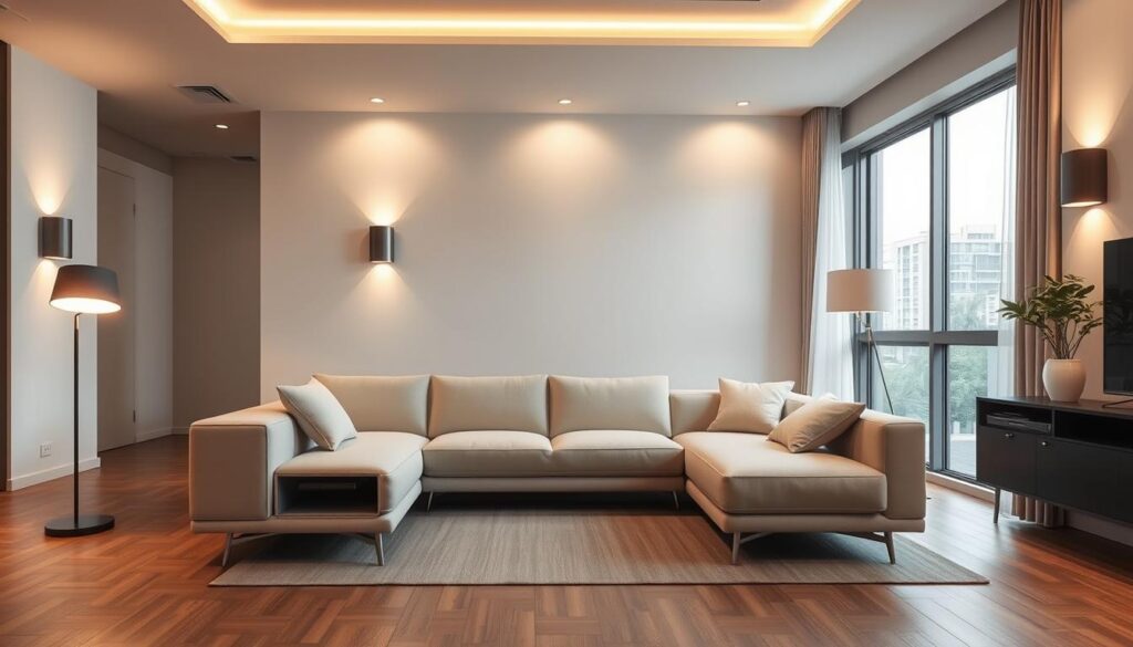 A modern, compact sofa design with a minimalist aesthetic, optimized for small living spaces. The sofa features clean lines, a low profile, and a sleek, neutral-toned upholstery that blends seamlessly into a contemporary HDB or condominium interior. Sleek metal legs provide a lightweight, floating appearance, while discreet storage compartments maximize utility. Warm, indirect lighting from floor lamps and wall sconces create a cozy, inviting ambiance, while large windows allow natural light to flood the space. The sofa is positioned at an angle, creating an intimate conversation area within the open-concept living room.