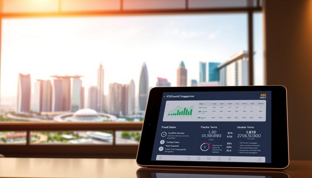 A modern digital banking interface showcasing ICBC Singapore's fixed deposit solutions. In the foreground, a sleek tablet device displays the bank's online platform, highlighting key features like competitive interest rates, flexible terms, and seamless account management. The middle ground features an array of financial charts and graphs, conveying the advantages of ICBC's fixed deposit offerings. The background depicts the Singapore skyline, with gleaming skyscrapers and a vibrant, futuristic cityscape, reflecting the forward-thinking nature of ICBC's digital banking services. The overall scene is bathed in a warm, natural lighting, creating a sense of trustworthiness and reliability.