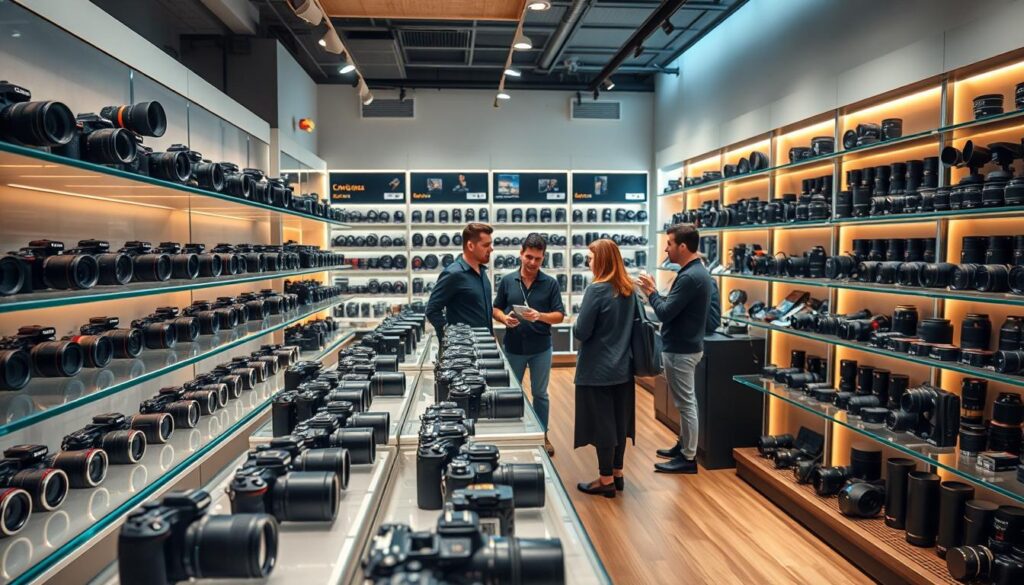 A modern digital camera store, bathed in warm, inviting lighting. The foreground showcases an array of the latest mirrorless and DSLR cameras, arranged neatly on sleek glass display shelves. In the middle ground, knowledgeable sales associates assist customers, discussing features and functionality. The background reveals a well-stocked inventory of lenses, flashes, and other photography accessories, organized with precision. The overall atmosphere exudes a sense of technological sophistication and passion for the craft, catering to discerning, tech-savvy photographers.