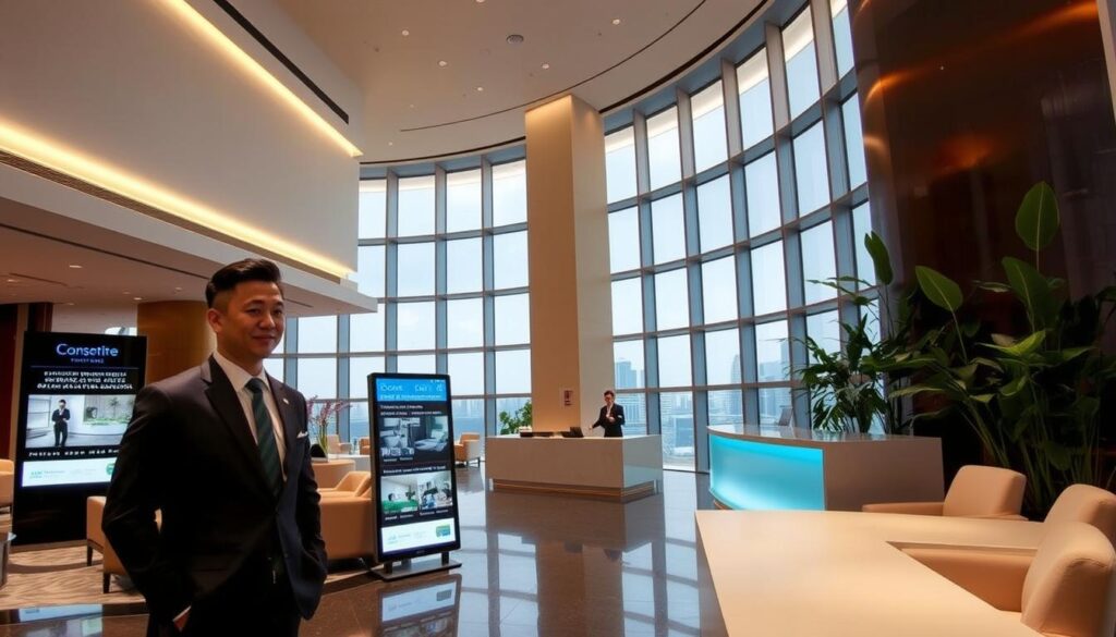 A modern, elegantly-designed hotel lobby in Singapore, with a high ceiling, floor-to-ceiling windows offering scenic city views, and plush seating arrangements. Soft, diffused lighting creates a warm, inviting atmosphere. In the foreground, a well-dressed concierge stands ready to assist guests with their booking needs, while a digital display showcases available room options and special offers. The middle ground features a sleek, minimalist check-in counter, and the background includes lush greenery, such as potted plants, adding a touch of nature to the urban setting.