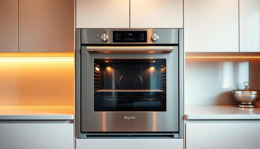 A modern, high-end built-in oven showcased in a sleek, well-lit kitchen setting. The oven's stainless steel exterior gleams under warm, focused lighting, highlighting its premium craftsmanship. The front panel features minimalist controls and a large, clear glass window, allowing the user to observe the cooking process. The oven is set against a backdrop of neutral-toned cabinetry and countertops, creating a harmonious, sophisticated ambiance. Subtle reflections on the glass door and polished surfaces add depth and dimension to the scene. The overall composition emphasizes the oven's integrated, professional-grade design, suitable for the discerning home cook. A modern, high-end built-in oven showcased in a sleek, well-lit kitchen setting. The oven's stainless steel exterior gleams under warm, focused lighting, highlighting its premium craftsmanship. The front panel features minimalist controls and a large, clear glass window, allowing the user to observe the cooking process. The oven is set against a backdrop of neutral-toned cabinetry and countertops, creating a harmonious, sophisticated ambiance. Subtle reflections on the glass door and polished surfaces add depth and dimension to the scene. The overall composition emphasizes the oven's integrated, professional-grade design, suitable for the discerning home cook.