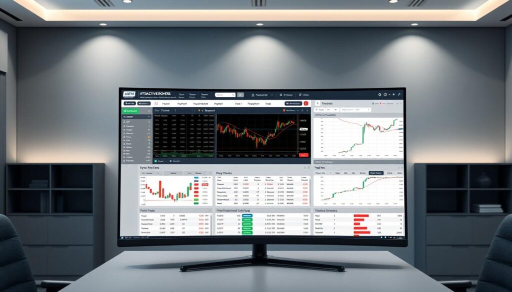 A modern, high-resolution interface of the Interactive Brokers trading platform, showcasing its comprehensive suite of trading tools and analytics. The platform is displayed on a large, sleek monitor with a matte black bezel, set against a minimalist, grey office environment with subtle ambient lighting. The interface features clean, intuitive layouts, real-time market data, customizable charts, and a wide range of advanced order types, all presented in a sophisticated, professional manner to appeal to the discerning beginner investor. The overall tone conveys a sense of power, control, and technological sophistication, befitting a leading global brokerage firm.