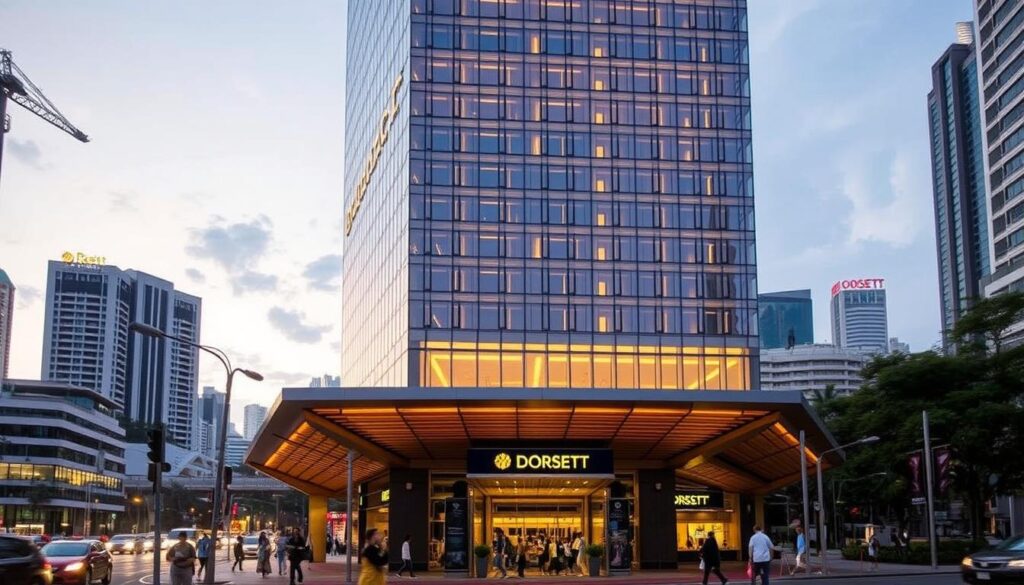 A modern high-rise hotel nestled above the Outram Park MRT station, the Dorsett Singapore stands tall with its sleek glass facade and contemporary architectural design. The hotel's exterior is bathed in warm, golden lighting, creating a welcoming ambiance as it overlooks the bustling city streets below. In the foreground, pedestrians can be seen navigating the busy sidewalks, while the middle ground features the MRT station's entrance and signage. The background is dominated by the skyscrapers and urban landscape that define the Singaporean skyline, suggesting the hotel's prime location and convenient access to the city's transportation network.