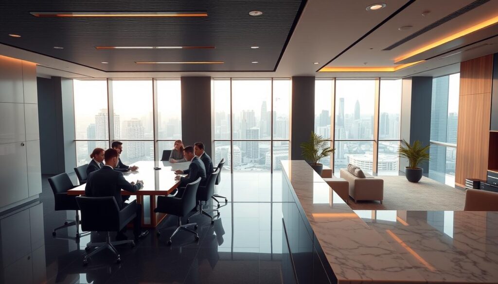 A modern, high-rise law office with a sleek, professional atmosphere. In the foreground, a team of lawyers in suits collaborating at a large conference table, their expressions focused and determined. The middle ground features an expansive reception area with a marble-topped counter and sophisticated decor. The background showcases floor-to-ceiling windows offering a panoramic view of the Singapore skyline, bathed in warm, natural lighting. The overall scene conveys a sense of expertise, efficiency, and a commitment to providing comprehensive legal services to discerning clients.