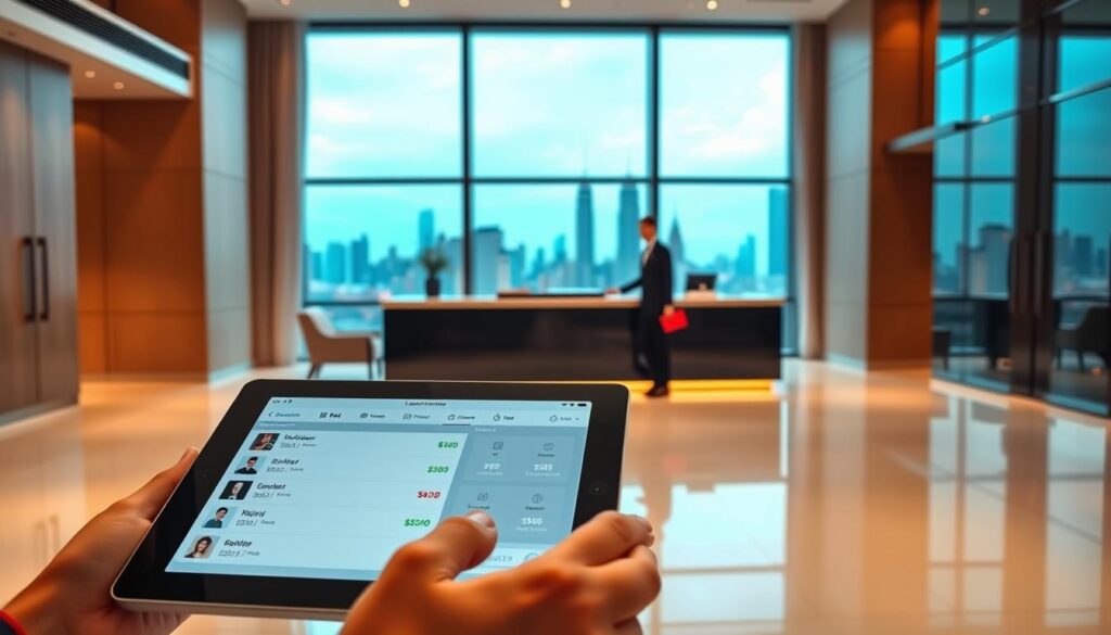A modern hotel lobby with sleek, minimalist decor. In the foreground, a tablet device displays a hotel booking interface with various options and discounts. The middle ground features a concierge desk with a friendly staff member assisting a guest. In the background, large windows provide a panoramic view of a bustling city skyline, bathed in warm, natural lighting. The overall atmosphere conveys efficiency, innovation, and a sense of seamless, smart hotel booking experiences.