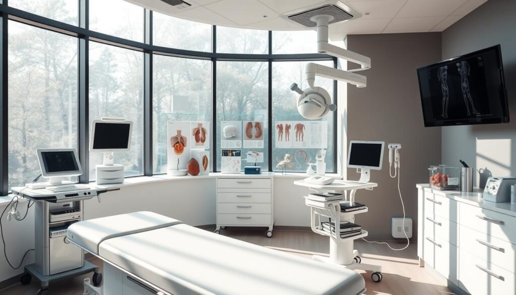 A modern medical clinic interior with state-of-the-art urology equipment. The foreground features an examination table and a medical cart with various diagnostic tools. In the middle ground, there are shelves displaying medical models and anatomical charts. The background showcases large windows allowing natural light to flood the space, creating a calming and professional atmosphere. The lighting is soft and diffused, complementing the clean, minimalist design. The overall tone is one of advanced, specialized healthcare, instilling a sense of trust and confidence in the clinic's expertise.