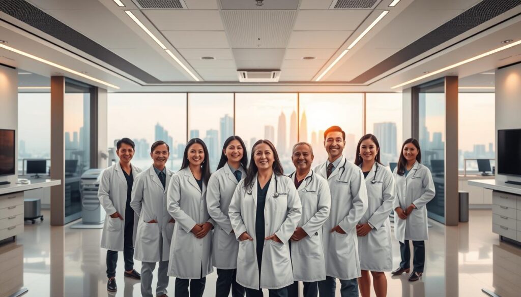 A modern medical office with sleek, minimalist design elements. In the foreground, a team of skilled, compassionate urologists in white coats stand together, their expressions conveying expertise and care. The middle ground features advanced medical equipment and technology, symbolizing the team's commitment to cutting-edge treatments. In the background, a cityscape of Singapore's iconic skyline, suggesting the team's location and reputation. Soft, warm lighting illuminates the scene, creating a welcoming and professional atmosphere. The image should inspire trust, confidence, and a sense of the team's dedication to providing the best possible urological care.