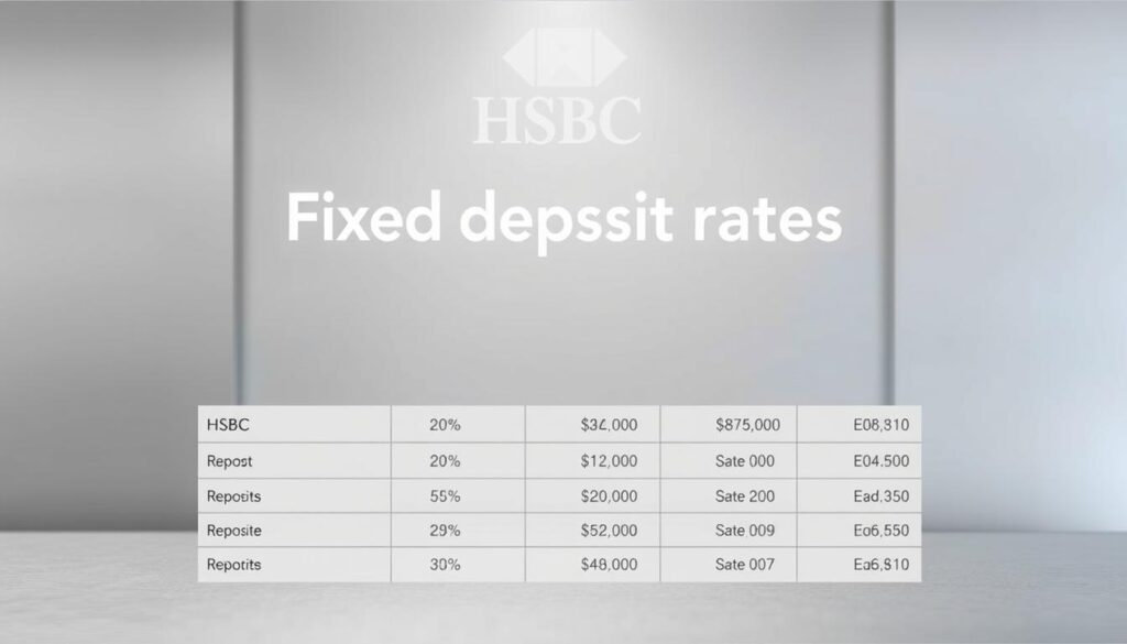 A modern, minimalist advertisement showcasing HSBC's fixed deposit rates in Singapore. In the foreground, a clean, well-designed table displays the various deposit terms and corresponding interest rates, presented against a sleek, grey background. The middle ground features a subtle HSBC logo, conveying the bank's branding in a sophisticated manner. The background is softly blurred, creating a sense of depth and focus on the key financial information. The lighting is soft and even, accentuating the clarity of the table's details. The overall mood is professional, trustworthy, and informative, reflecting the reliable nature of HSBC's fixed deposit offerings for Singaporean investors.