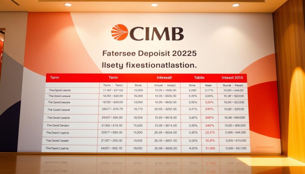 A modern, minimalist banking interface displaying the latest CIMB fixed deposit rates for 2025. The foreground features a clean, well-organized table showcasing the various deposit terms and corresponding interest rates. The background subtly depicts the CIMB brand colors and logo, creating a professional, trustworthy atmosphere. Warm, natural lighting casts a soft glow, enhancing the clarity and legibility of the financial information. The camera angle is slightly elevated, giving a sense of authority and credibility to the displayed data. The overall composition strikes a balance between functionality and aesthetics, making it an informative yet visually appealing illustration for the article.