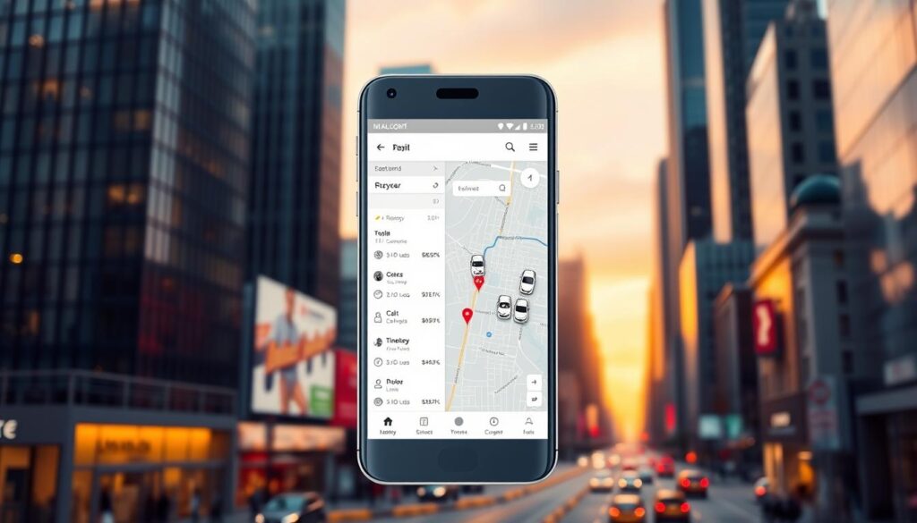 A modern, minimalist car rental app displayed on a sleek, silver smartphone against a backdrop of a busy city skyline. The user interface features clean lines, intuitive icons, and a seamless flow between screens. The foreground showcases a prominent search bar, prominent booking options, and user profile settings. The middle ground depicts a map interface with car locations marked, while the background captures the vibrant energy of the urban environment with towering skyscrapers, bustling streets, and a warm, golden-hour lighting scheme. The overall impression conveys a sophisticated, user-centric experience tailored for the modern, on-the-go renter.