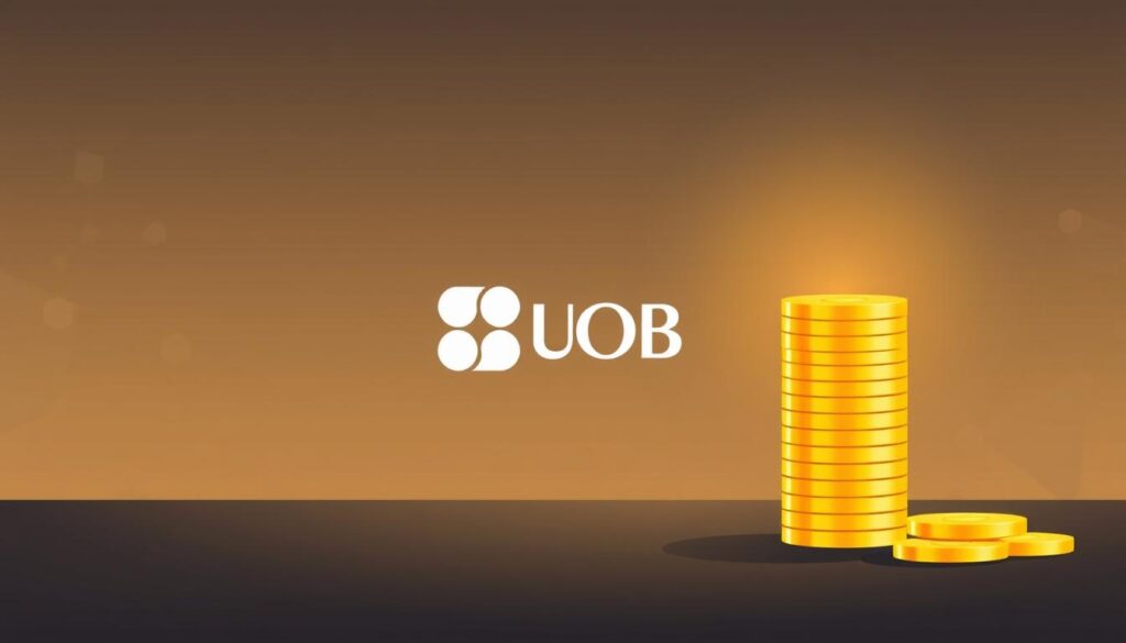 A modern, minimalist illustration of UOB's fixed deposit promotions. The foreground features a stack of gold coins, symbolizing the financial growth promised by the bank's fixed deposit offers. The middle ground showcases a clean, elegant UOB logo, rendered in a soft, warm light. The background blends a subtle pattern of geometric shapes in muted tones, evoking a sense of stability and security. The overall composition conveys a message of reliable, high-yield investment opportunities provided by UOB's fixed deposit products. The image has a professional, trustworthy aesthetic suitable for the financial services industry.