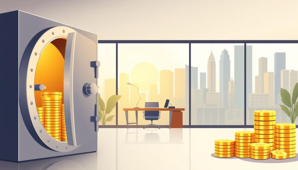 A modern, minimalist illustration of a fixed deposit account from CIMB Bank in Singapore. In the foreground, a sleek, metal bank vault door stands open, revealing stacks of gold ingots and coins. The middle ground features a serene, contemporary office interior with clean lines, large windows, and a wooden desk. In the background, the iconic Singapore skyline is visible, bathed in warm, golden light. The overall composition conveys a sense of stability, security, and wealth preservation associated with CIMB Bank's fixed deposit offering.
