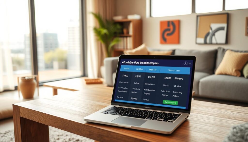 A modern, minimalist living room with a large window overlooking a cityscape, sunlight streaming in. On a sleek, wooden table in the foreground, a laptop displays various affordable fibre broadband plan options, with clear pricing and plan details. The room is decorated with a mix of natural textures and pops of color, creating a warm, inviting atmosphere. The camera angle is slightly elevated, capturing the scene in a clean, uncluttered composition.